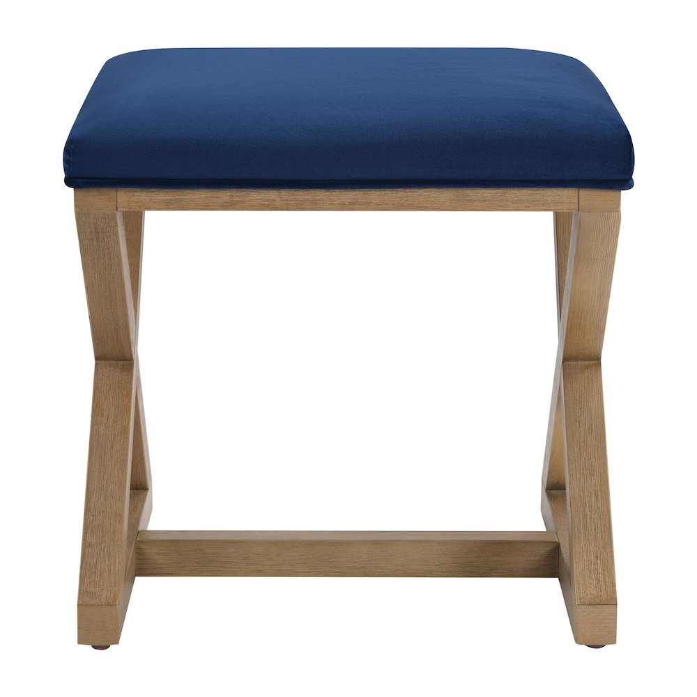 Carson X-Frame Stool in Navy Fabric and Medium Oak Finish Wood. Picture 6