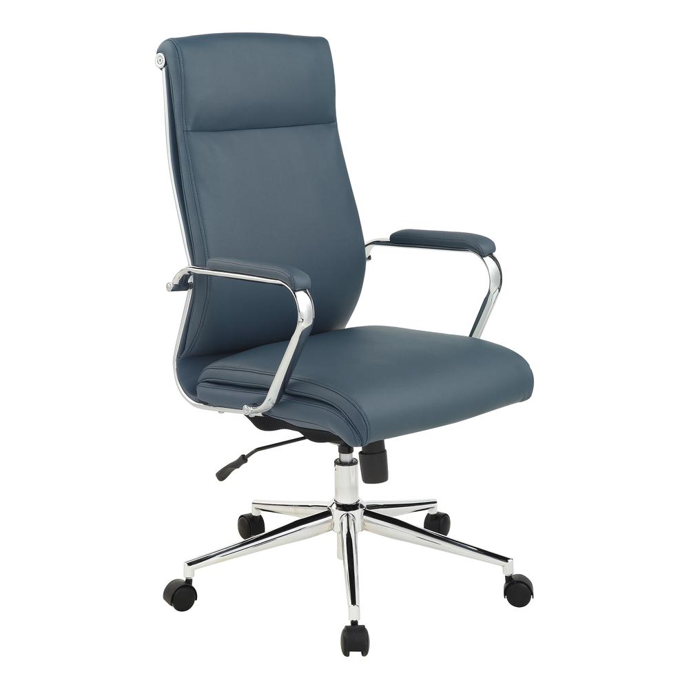 High Back Manager's Chair with Dillon Blue Antimicrobial Fabric and Chrome Base. Picture 1