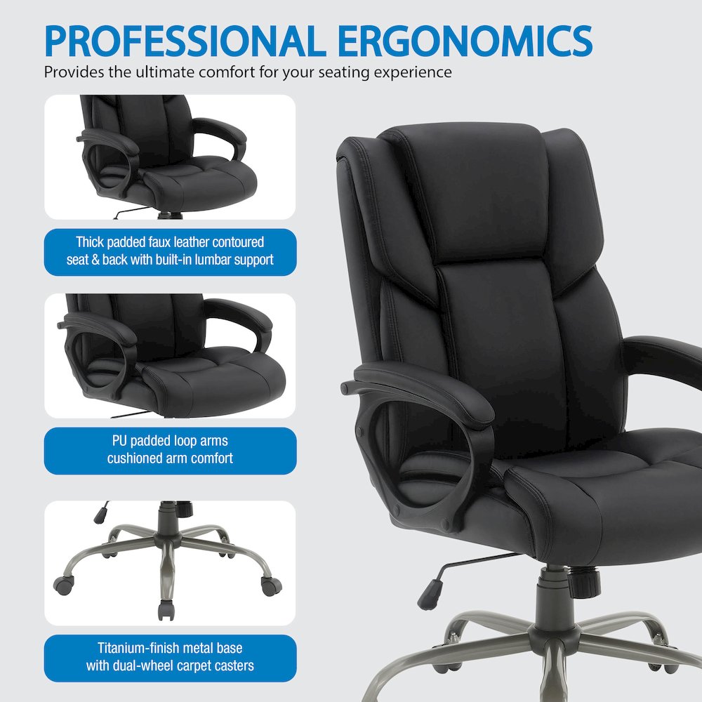 Mid-Back in Black Faux Leather Executive Chair with Padded Arms. Picture 7