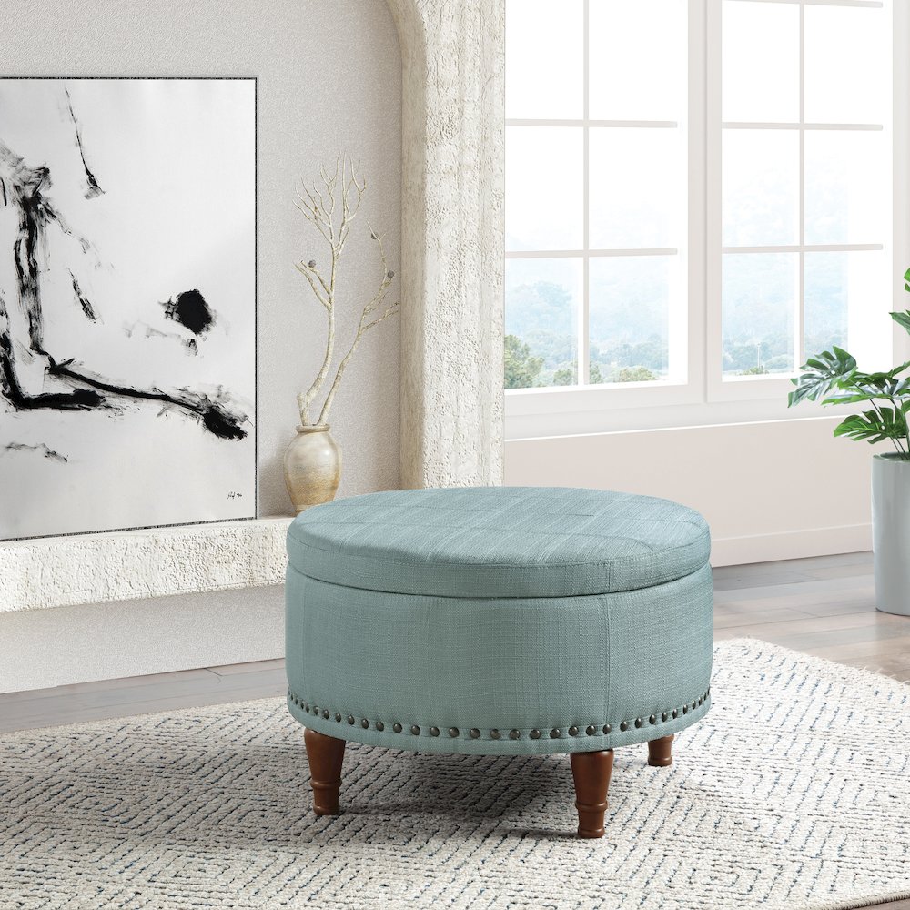 Alloway Storage Ottoman in Sea Blue Fabric with Antique Bronze Nailheads. Picture 3