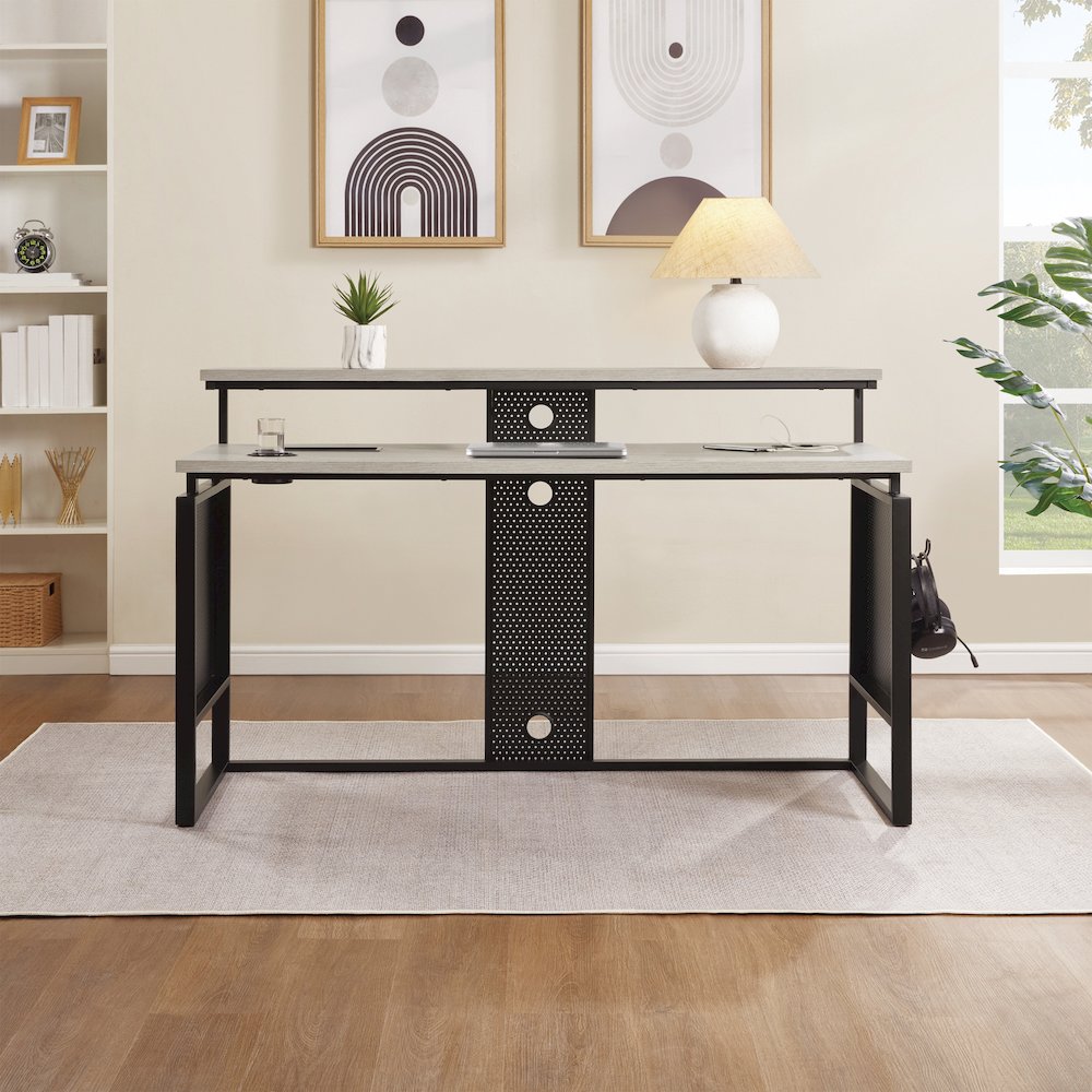 Ace 60" Desk with Hutch in Grey Taupe Top and Matte Black Frame. Picture 8
