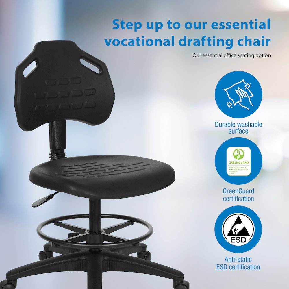 Black Skinned Urethane Intermediate Drafting Chair Adjustable Black Footrest. Picture 11
