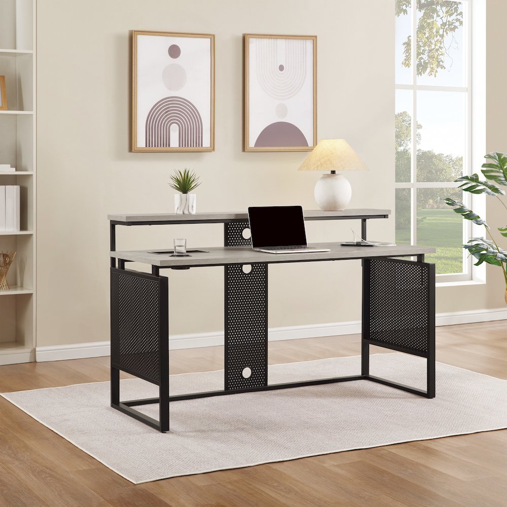 Ace 60" Desk with Hutch in Grey Taupe Top and Matte Black Frame. Picture 7
