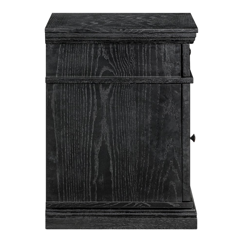Chair Side Table with 1 Drawer and 1 Glass Door with Power Strip in Black Finish. Picture 5