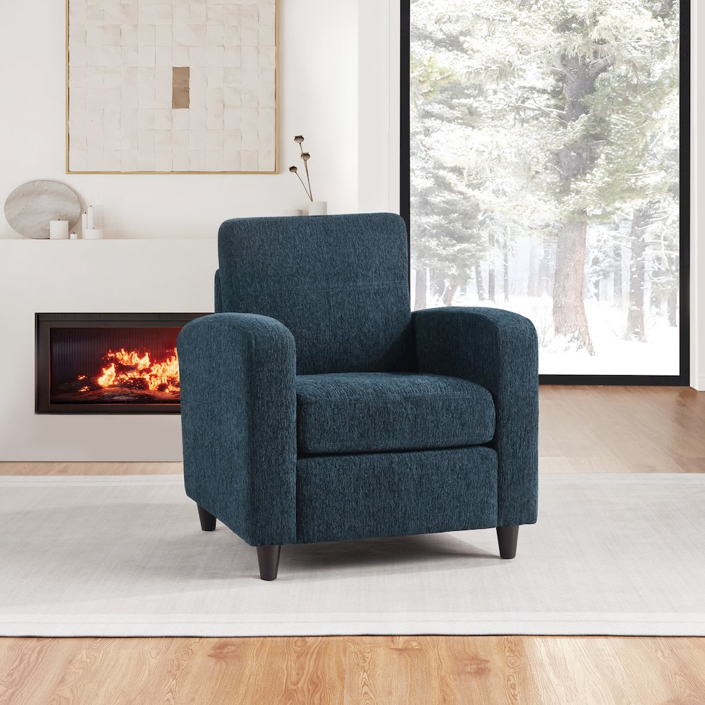 Venus Club Chair in Indigo Fabric and Medium Espresso Legs. Picture 7