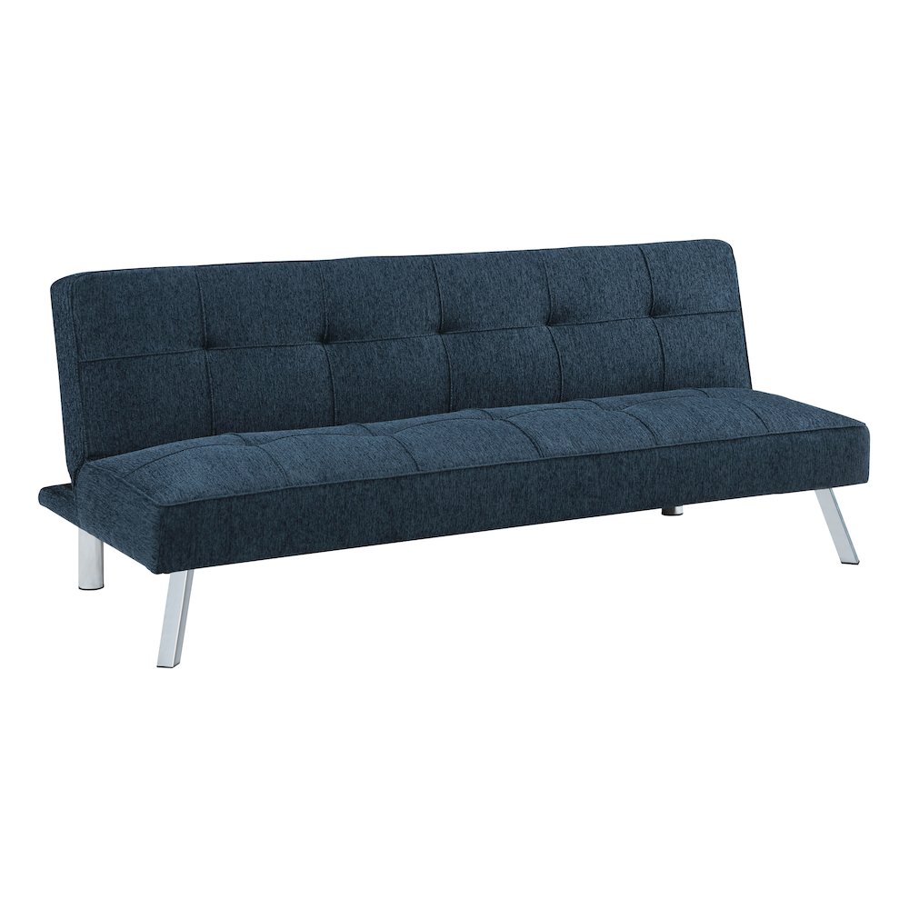 Kenneth Futon in Indigo Fabric and Chrome Legs. Picture 1