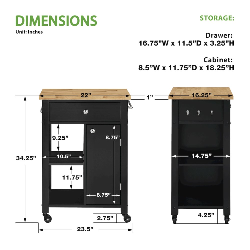 Derry Kitchen Cart with Natural Butcher Block Top With Black Finish. Picture 8