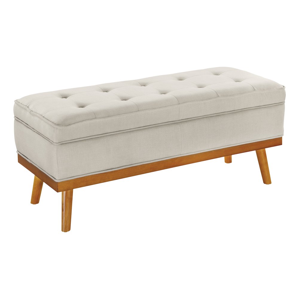 Katheryn Storage Bench in Wheat Fabric with Spice Finish Legs. Picture 1