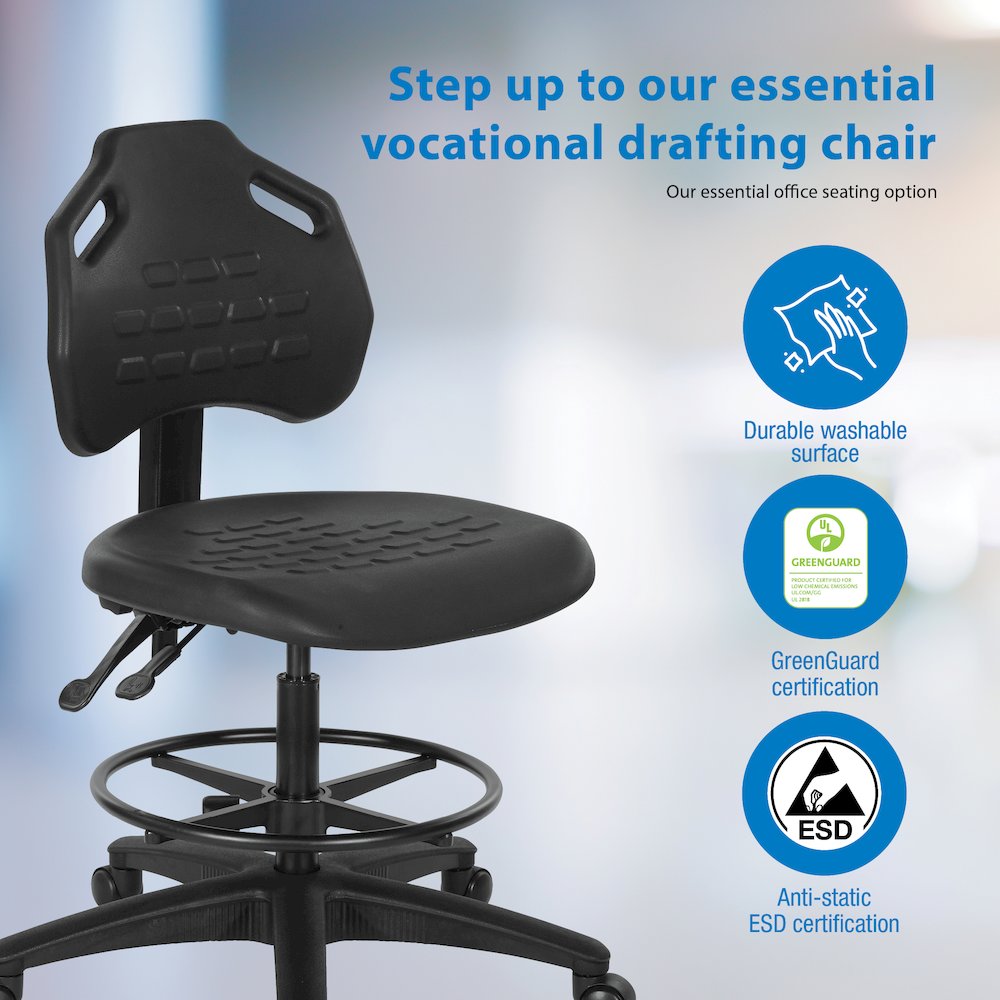 Black Self Skinned Urethane Intermediate Drafting Chair With Adjustable Black. Picture 11