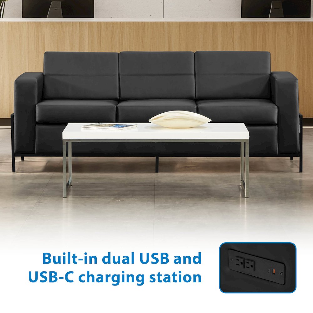 Arctic Sofa in Black Faux Leather with USB and USB-C Charging Stations. Picture 13