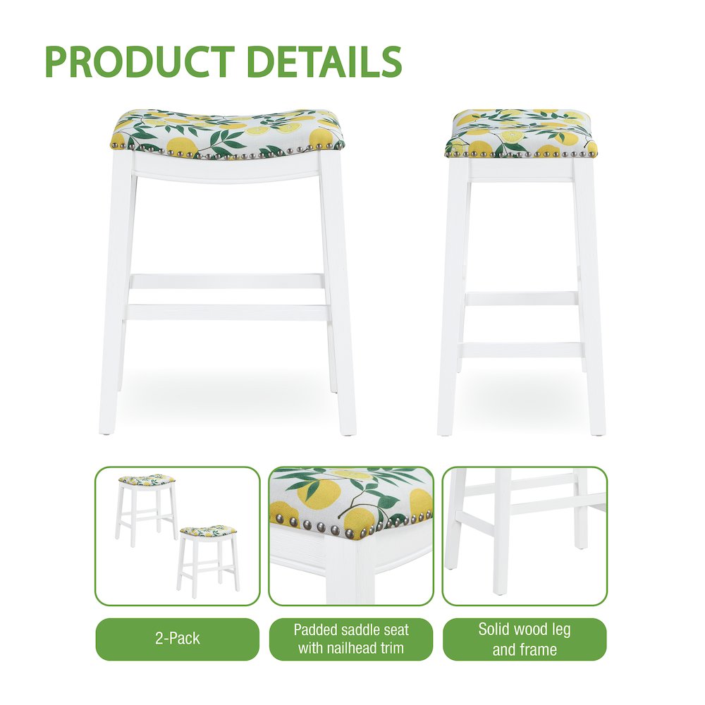 Saddle Stool 24" in lemons Fabric With White Wood Finish 2-Pack. Picture 10