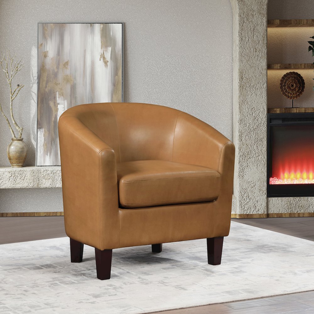 Ethan Tub Chair in Camel Faux Leather with Dark Espresso Wood Legs. Picture 6
