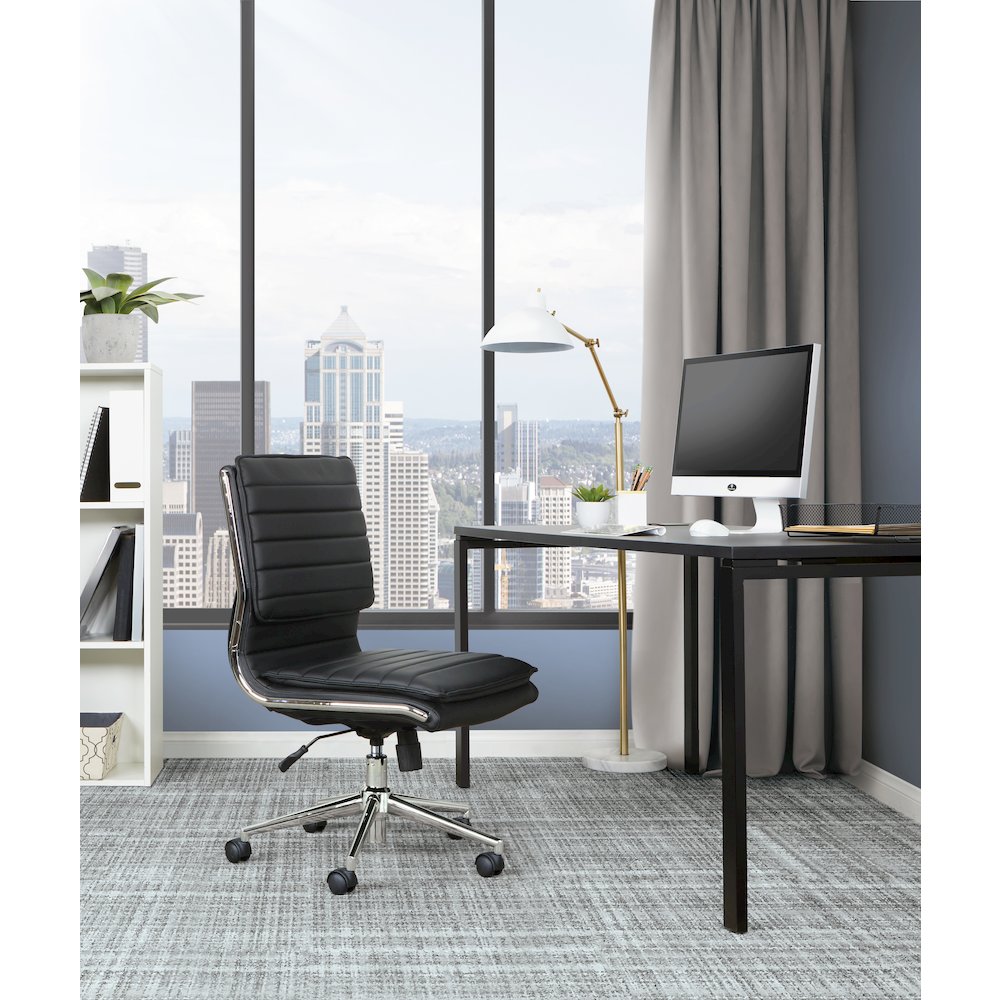Armless Mid Back Manager's Faux Leather Chair in Black with Chrome Base.. Picture 2