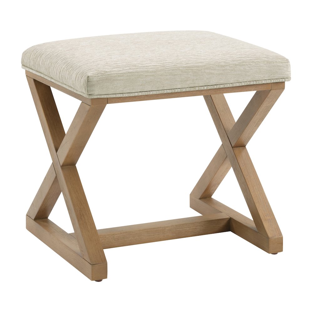 Carson X-Frame Stool in Linen Fabric and Medium Oak Finish Wood. Picture 1