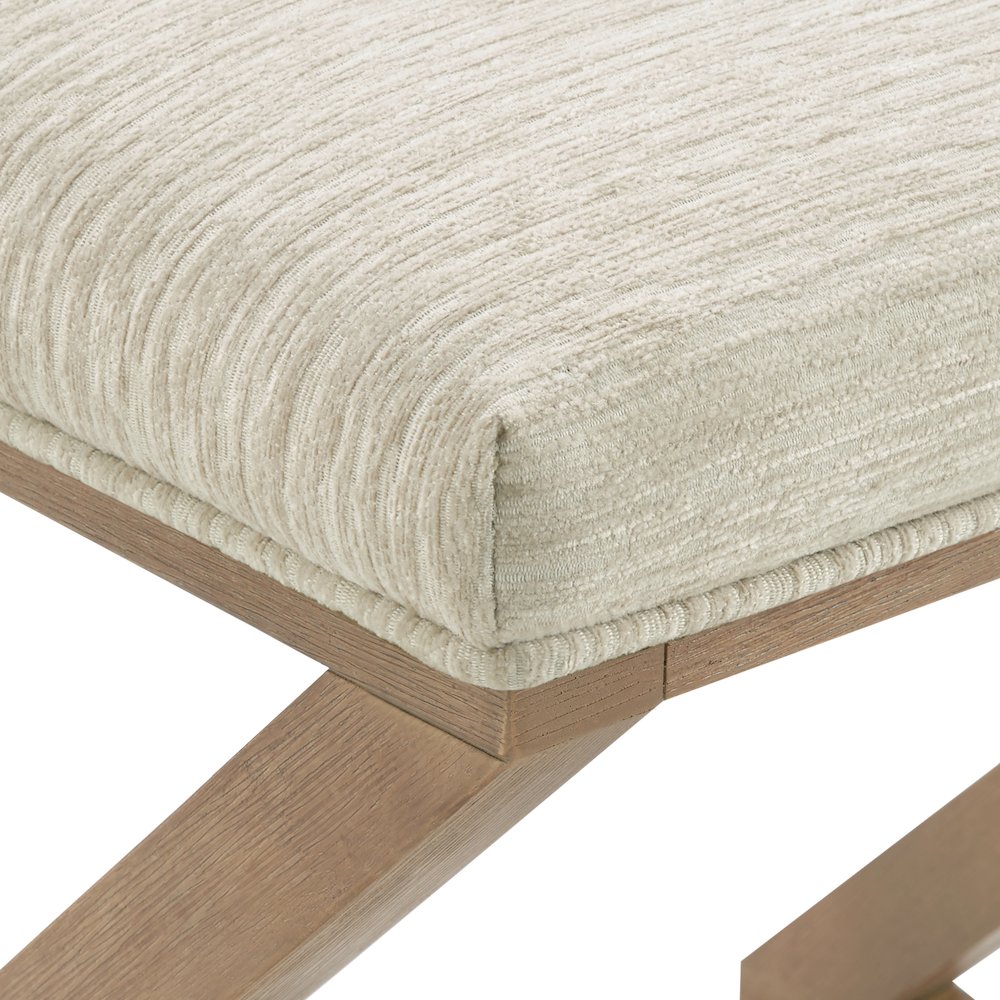 Carson X-Frame Stool in Linen Fabric and Medium Oak Finish Wood. Picture 9