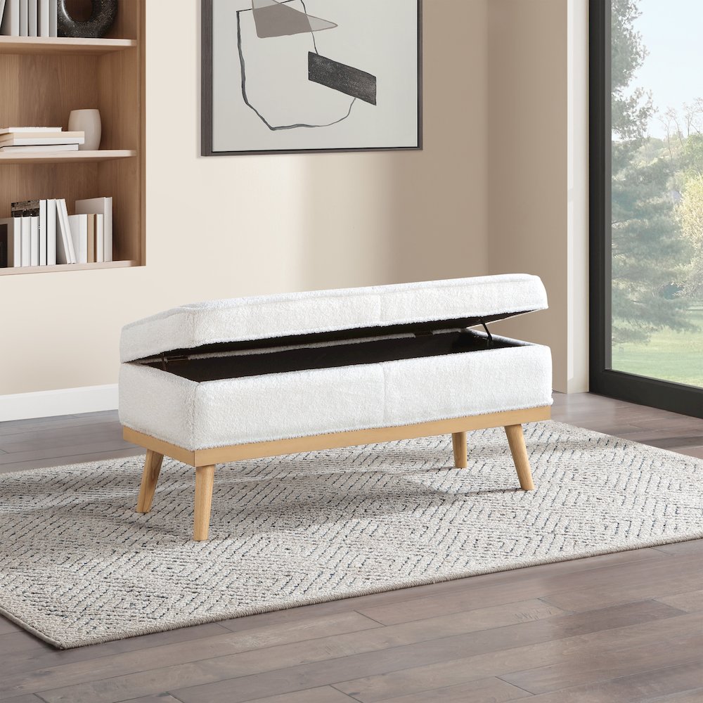 Katheryn Storage Bench in Ivory Sherpa Fabric with National Wood Legs. Picture 9