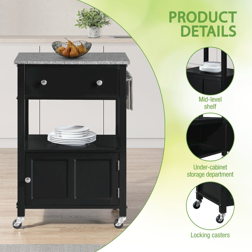 Fairfax Kitchen Cart with Granite Top and Black Base. Picture 10