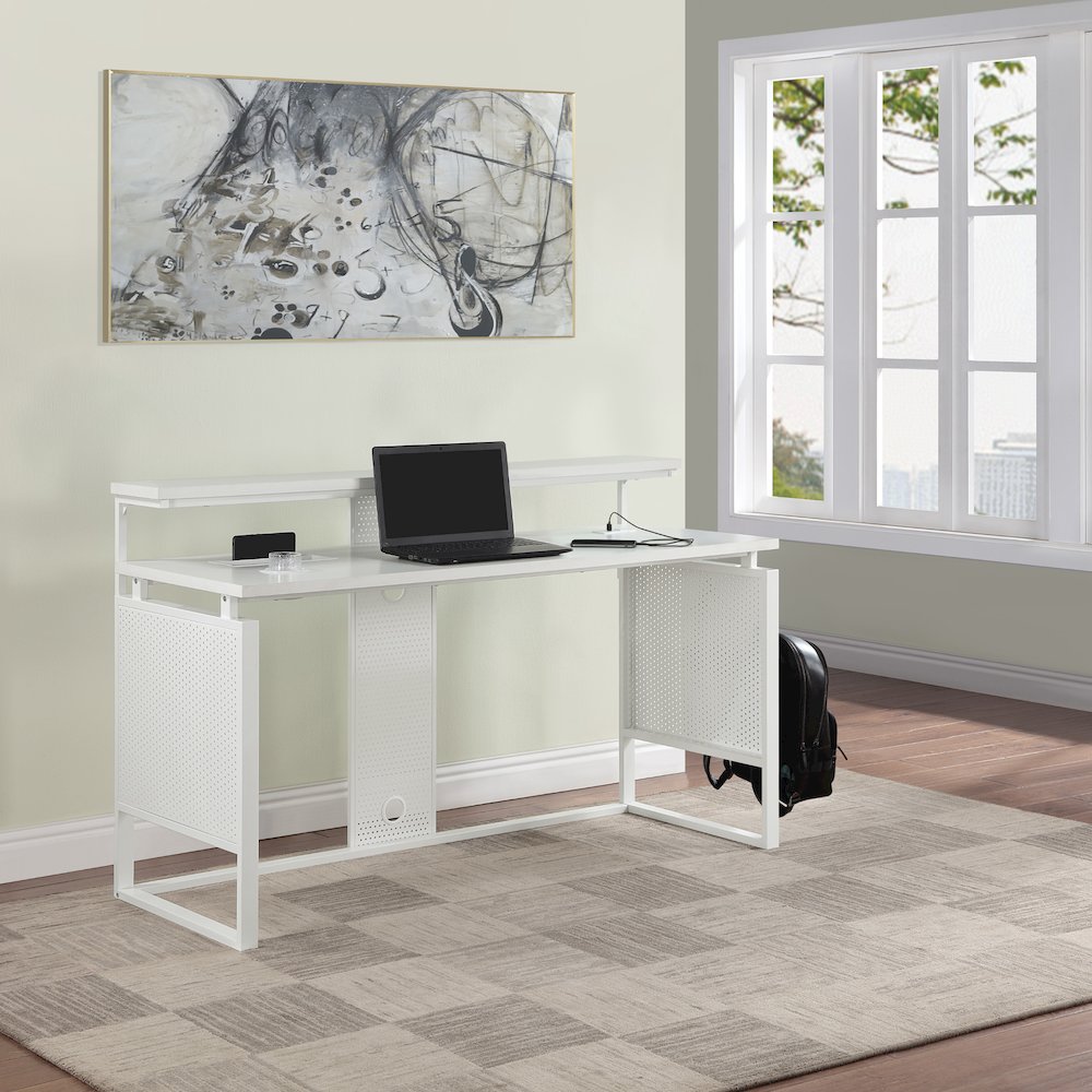 Ace 60" Desk with Hutch in White Top and White Frame. Picture 6