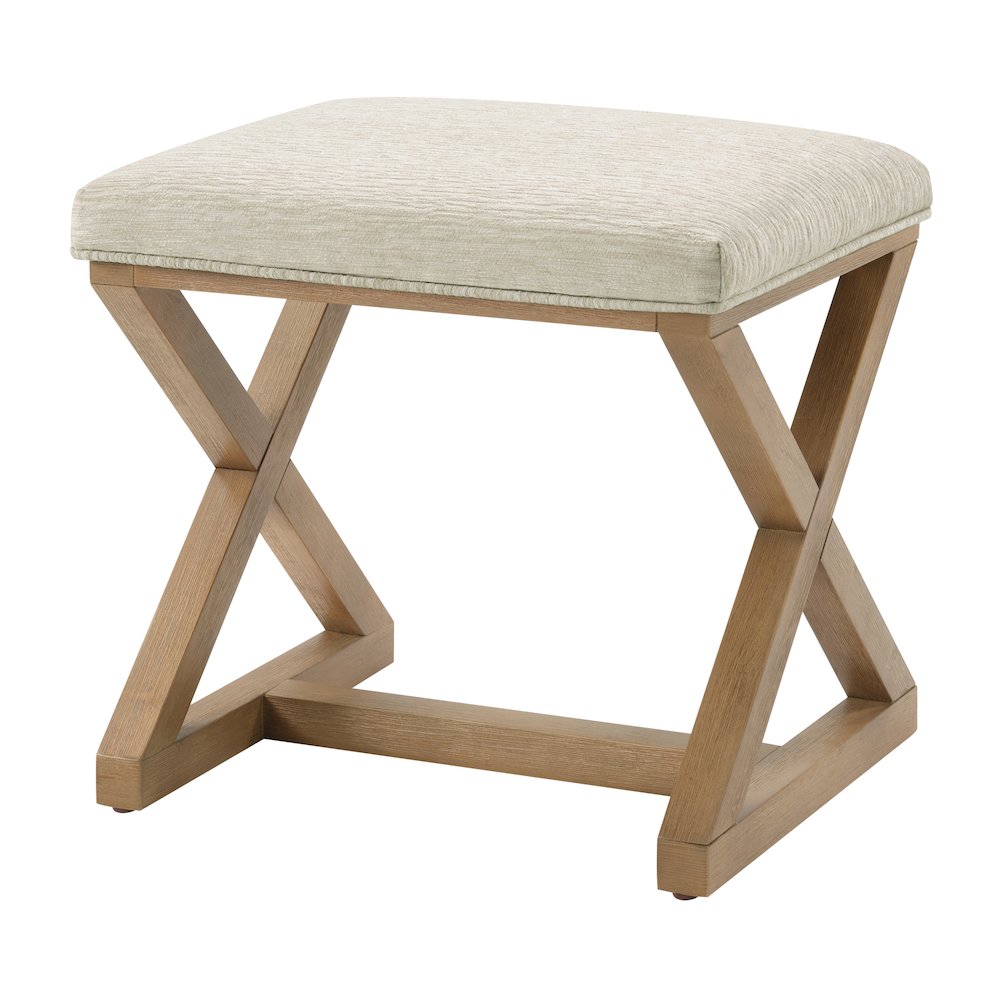 Carson X-Frame Stool in Linen Fabric and Medium Oak Finish Wood. Picture 5