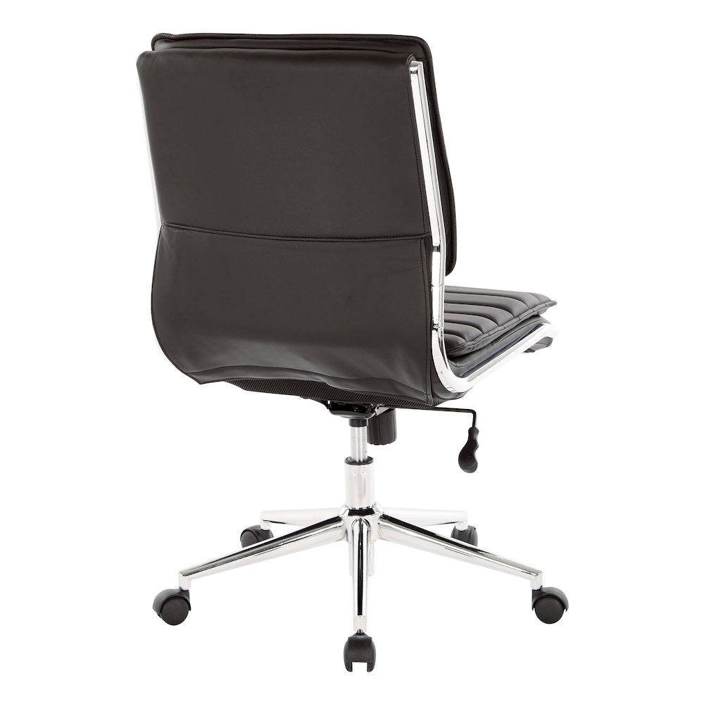 Armless Mid Back Manager's Faux Leather Chair in Black with Chrome Base.. Picture 5