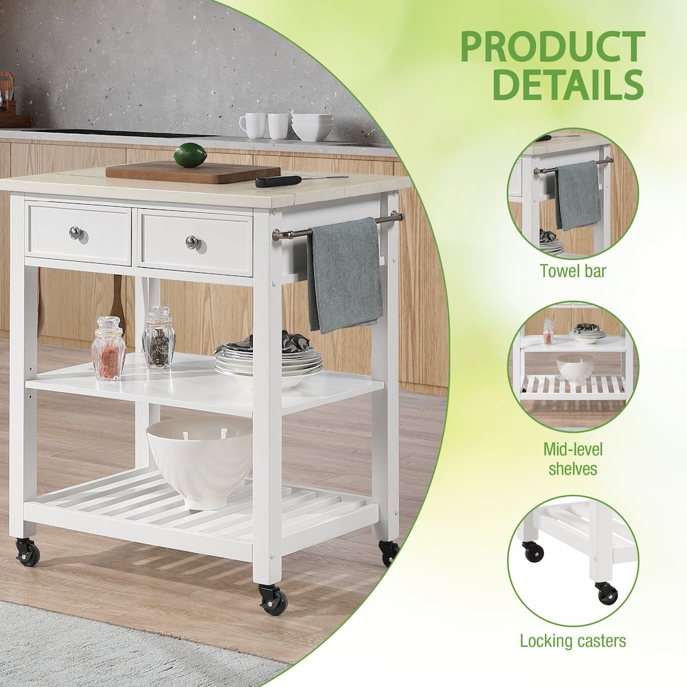Litchfield Kitchen Cart With Faux Marble Top in White Finish. Picture 11