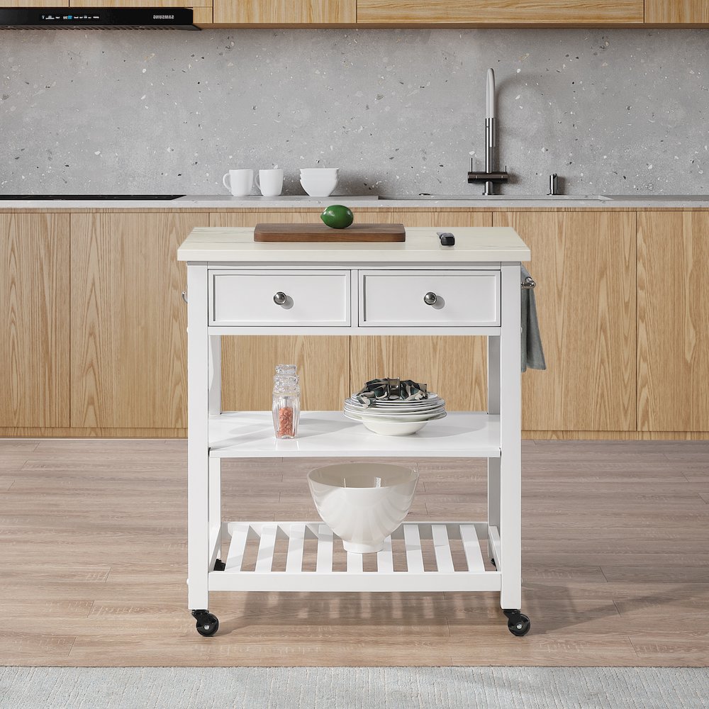 Litchfield Kitchen Cart With Faux Marble Top in White Finish. Picture 10