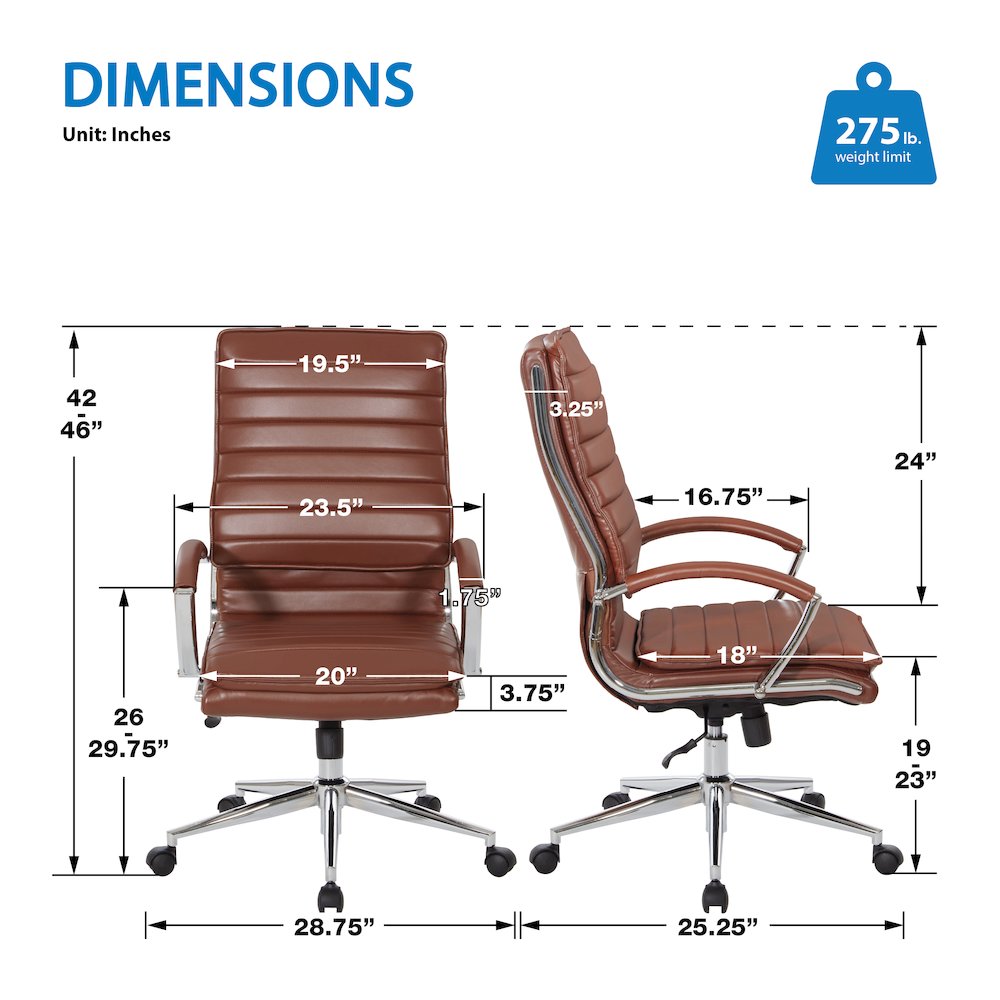 High-Back Manager's Chair in Saddle Faux Leather, Chrome Arms & Base. Picture 11