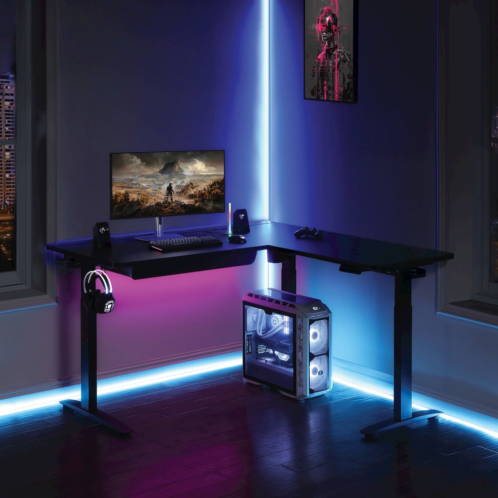 Kilo L-Shape Electric Lift Gaming Desk in Grey Carbon Fiber Finish. Picture 10