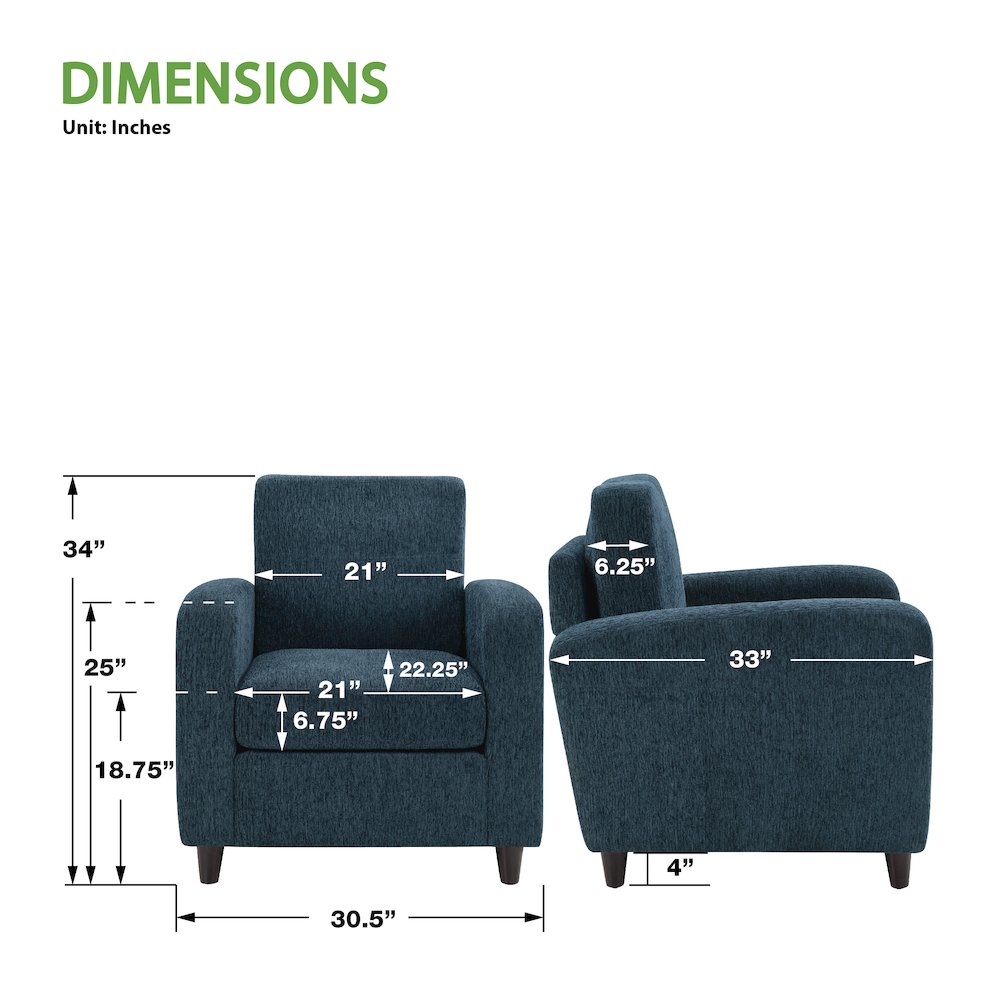 Venus Club Chair in Indigo Fabric and Medium Espresso Legs. Picture 3