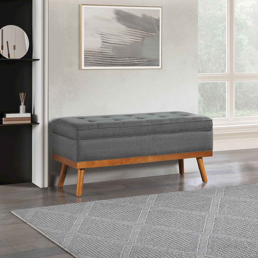 Katheryn Storage Bench in Charcoal Fabric with Spice Finish Legs. Picture 6