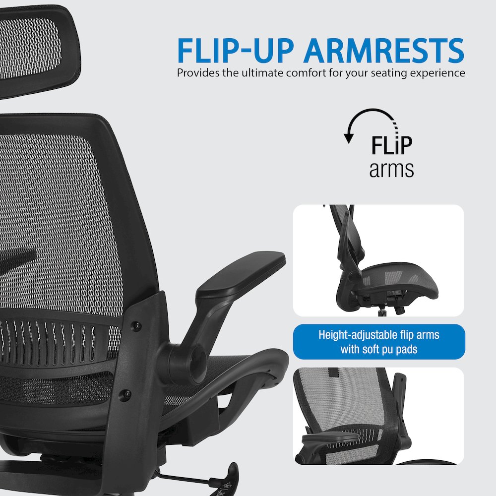 Managers Chair With Mesh Back And Seat And Adjustable Flip Arms And Headrest. Picture 13