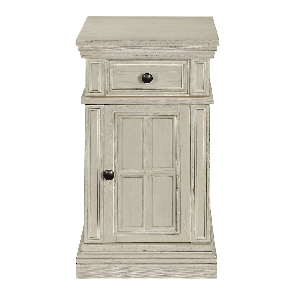 Chair Side Table with 1 Drawer and 1 Glass Door with Power Strip in White Finish. Picture 3
