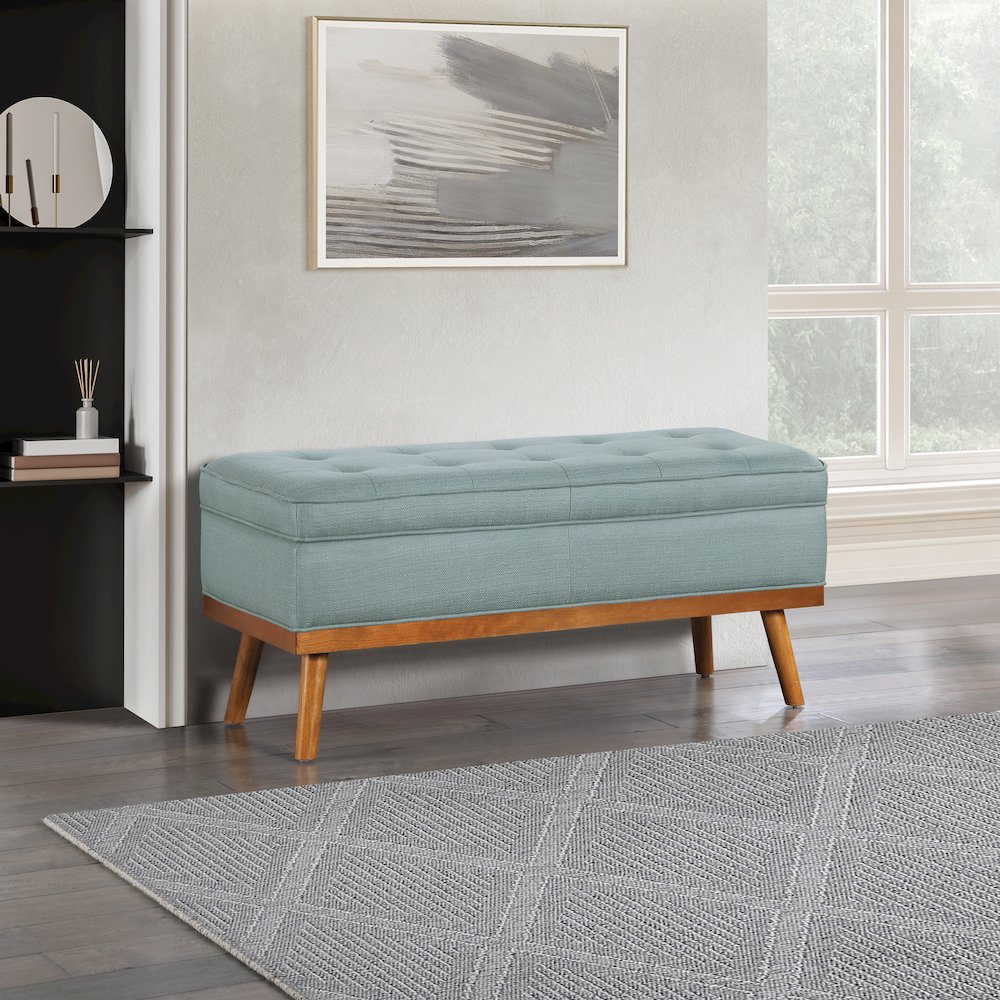 Katheryn Storage Bench in Sea Blue Fabric with Spice Finish Legs. Picture 6