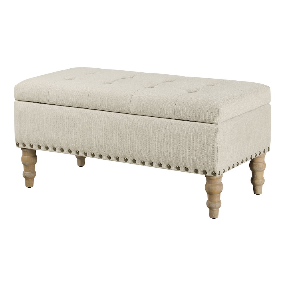 Woodbury Storage Bench in Linen with Antique Bronze Nail Heads with Brushed Legs. Picture 5