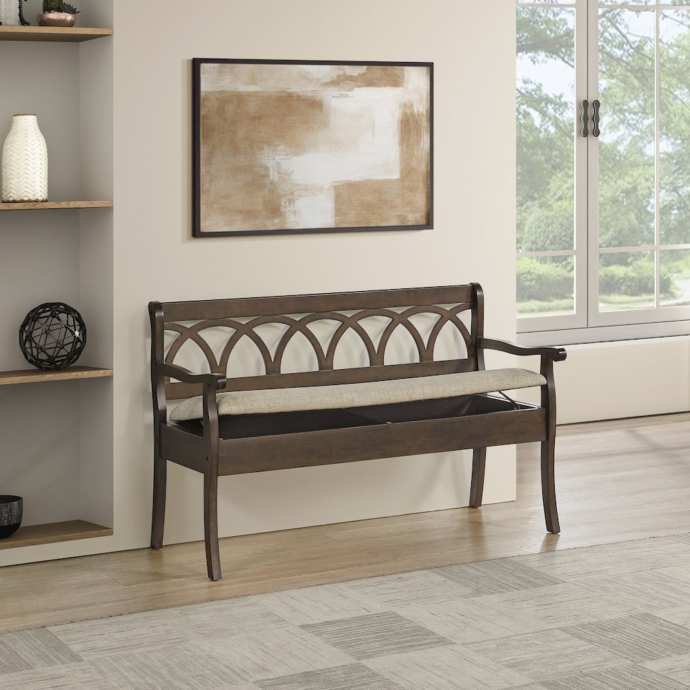 Coventry Storage Bench in Dark Walnut Finish Frame and Beige Seat Cushion K/D. Picture 7