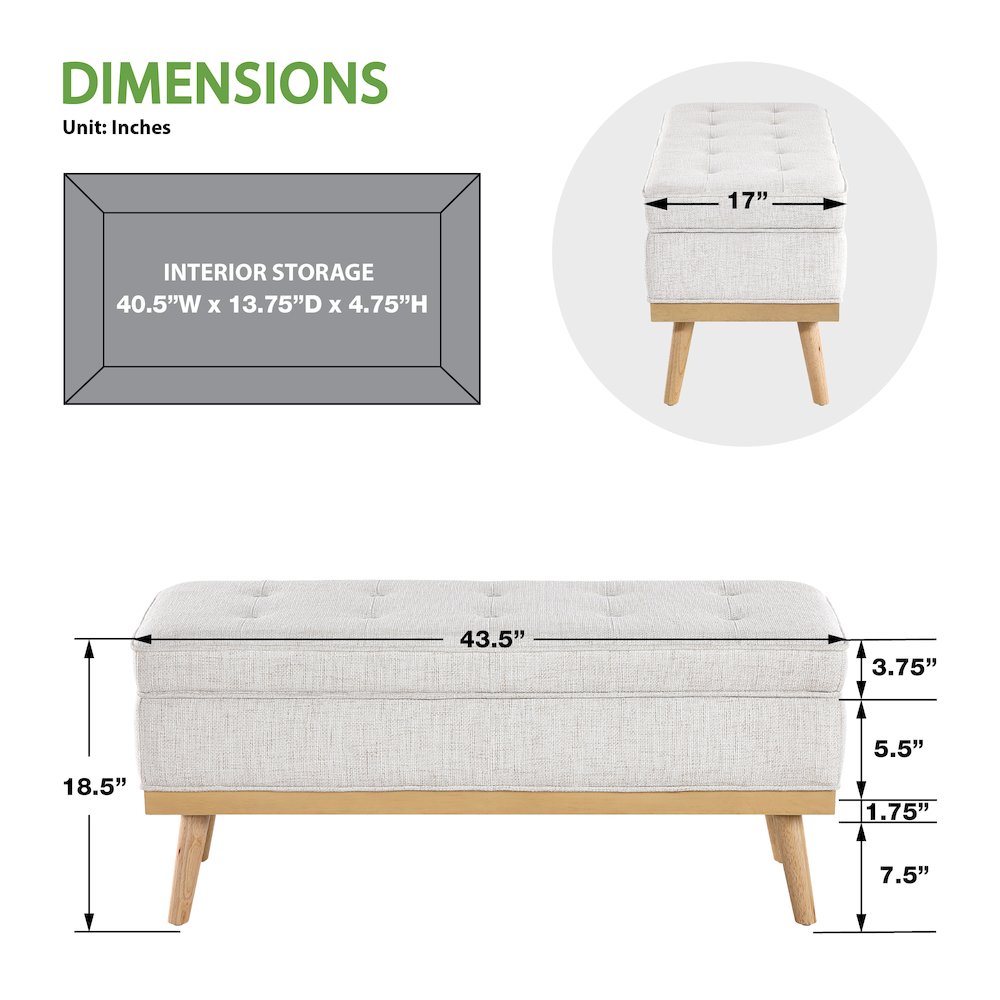 Katheryn Storage Bench in Linen Fabric with National Wood Legs. Picture 2