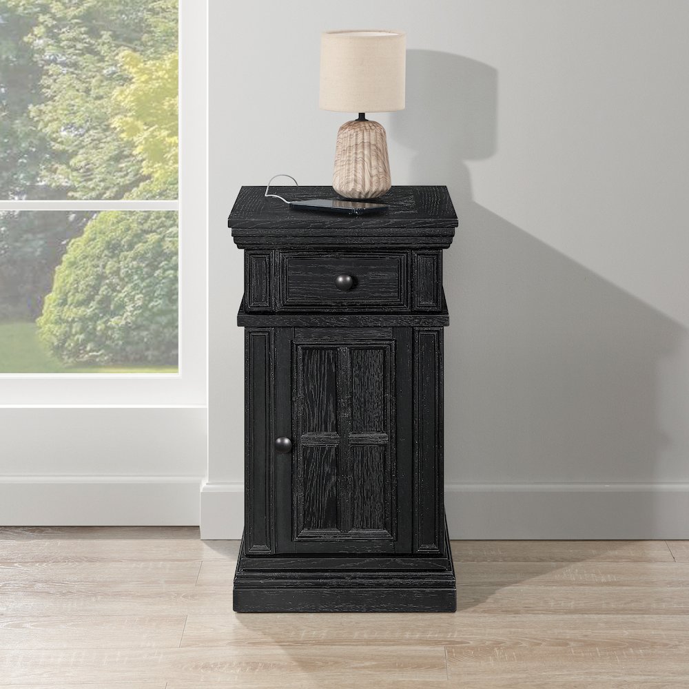 Chair Side Table with 1 Drawer and 1 Glass Door with Power Strip in Black Finish. Picture 9