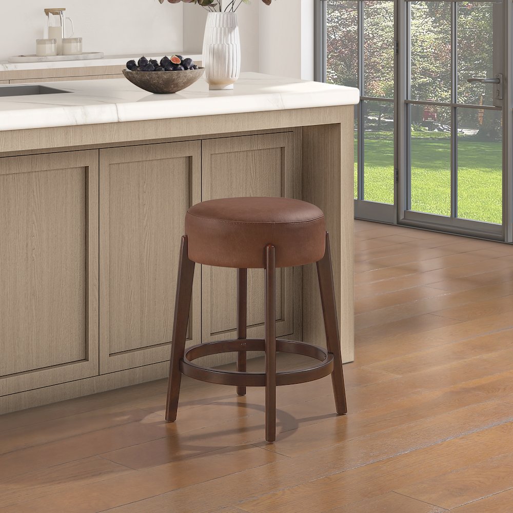 Wesley 26" Counter Stool in Saddle Brown Faux Leather. Picture 2