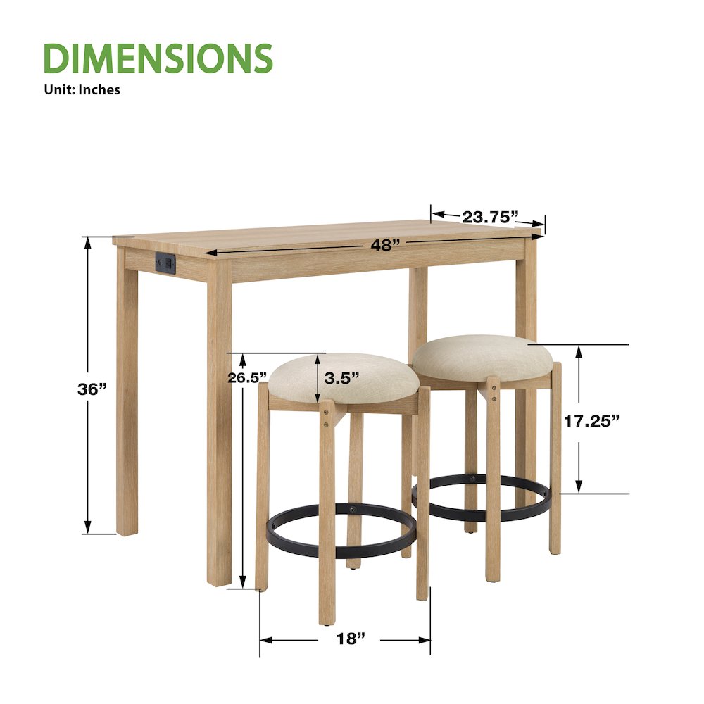 Melissa 3-PC  Counter Height Table Dining Set with Power, 2 Stools. Picture 4