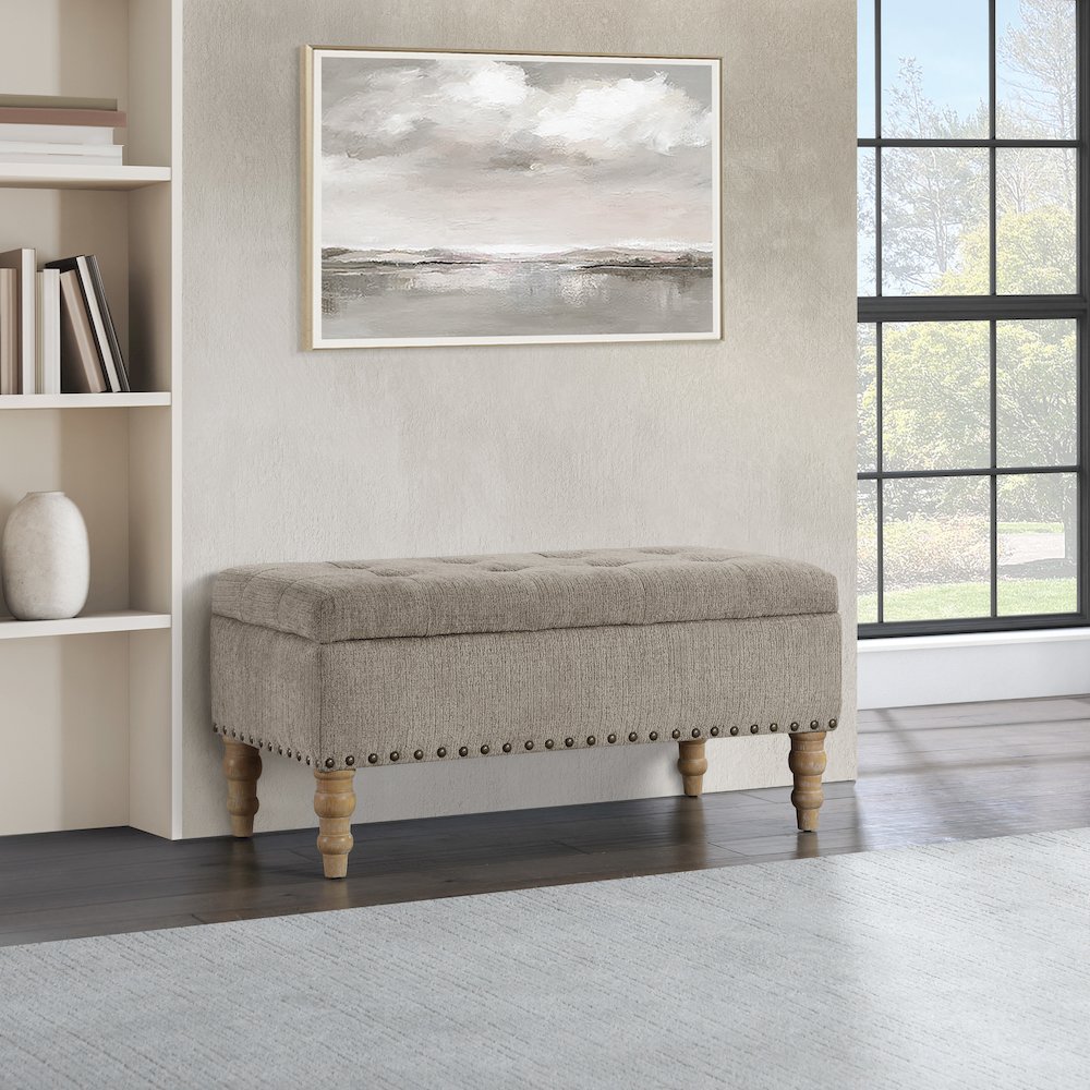 Woodbury Storage Bench In Taupe With Antique Bronze Nail Heads With Brushed Legs. Picture 8