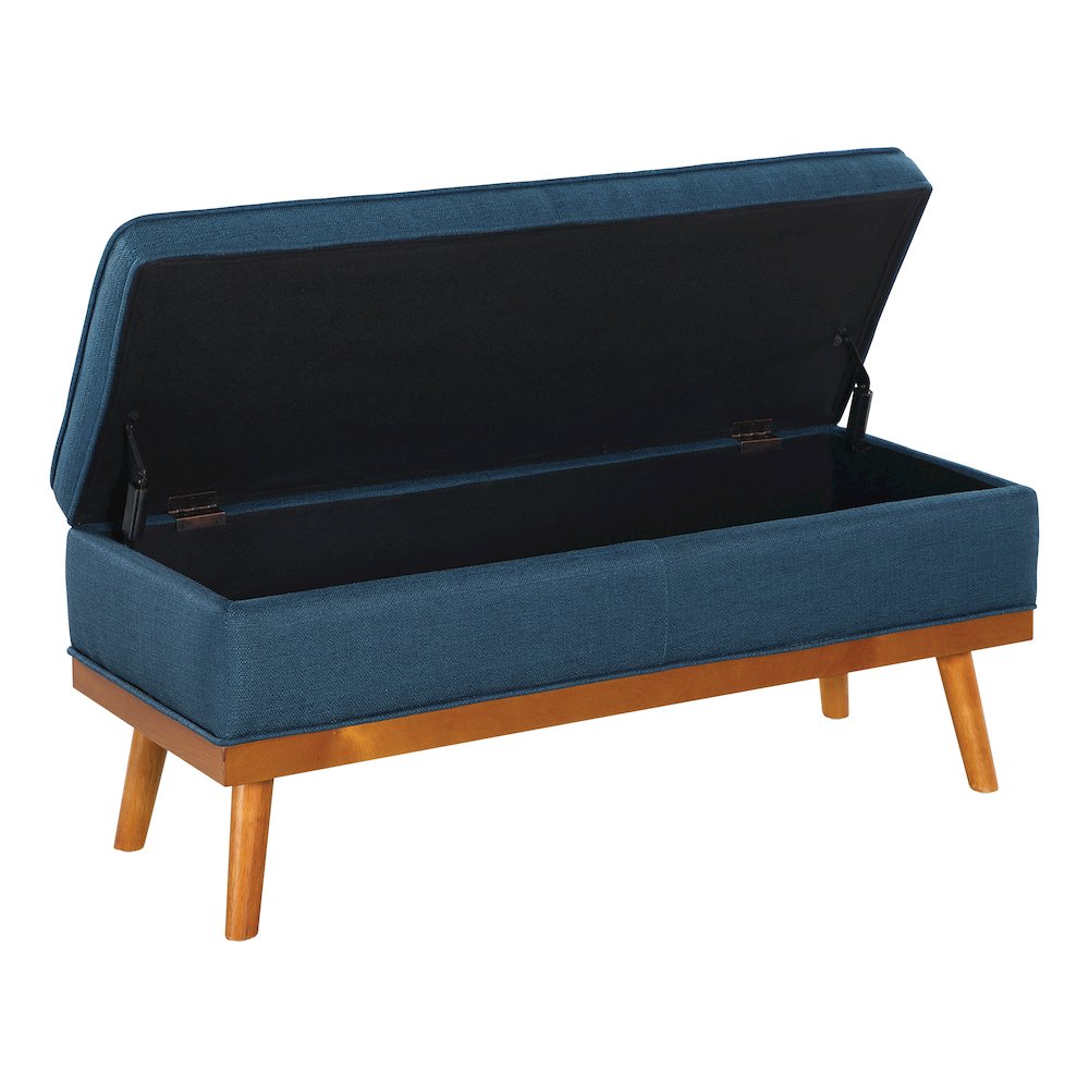 Katheryn Storage Bench in Azure Fabric with Spice Finish Legs. Picture 5