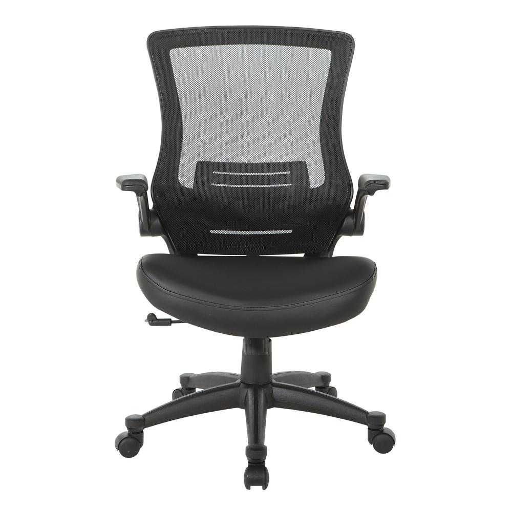 Screen Back Manager's Chair in Black Faux Leather Seat with PU Padded Flip Arms with Silver Accents, EM60926P-U6. Picture 2