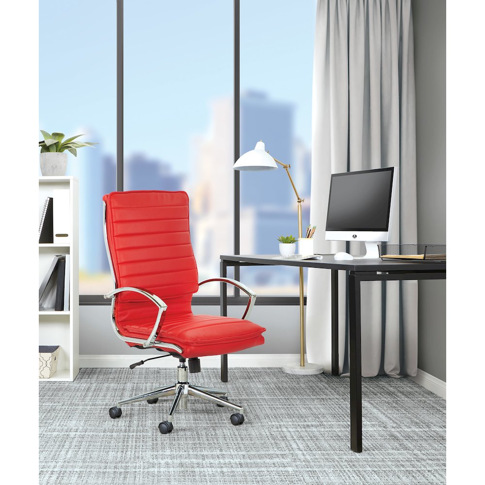 High Back Manager's Faux Leather Chair with Chrome Base, Removable Arm Sleeves. Picture 2