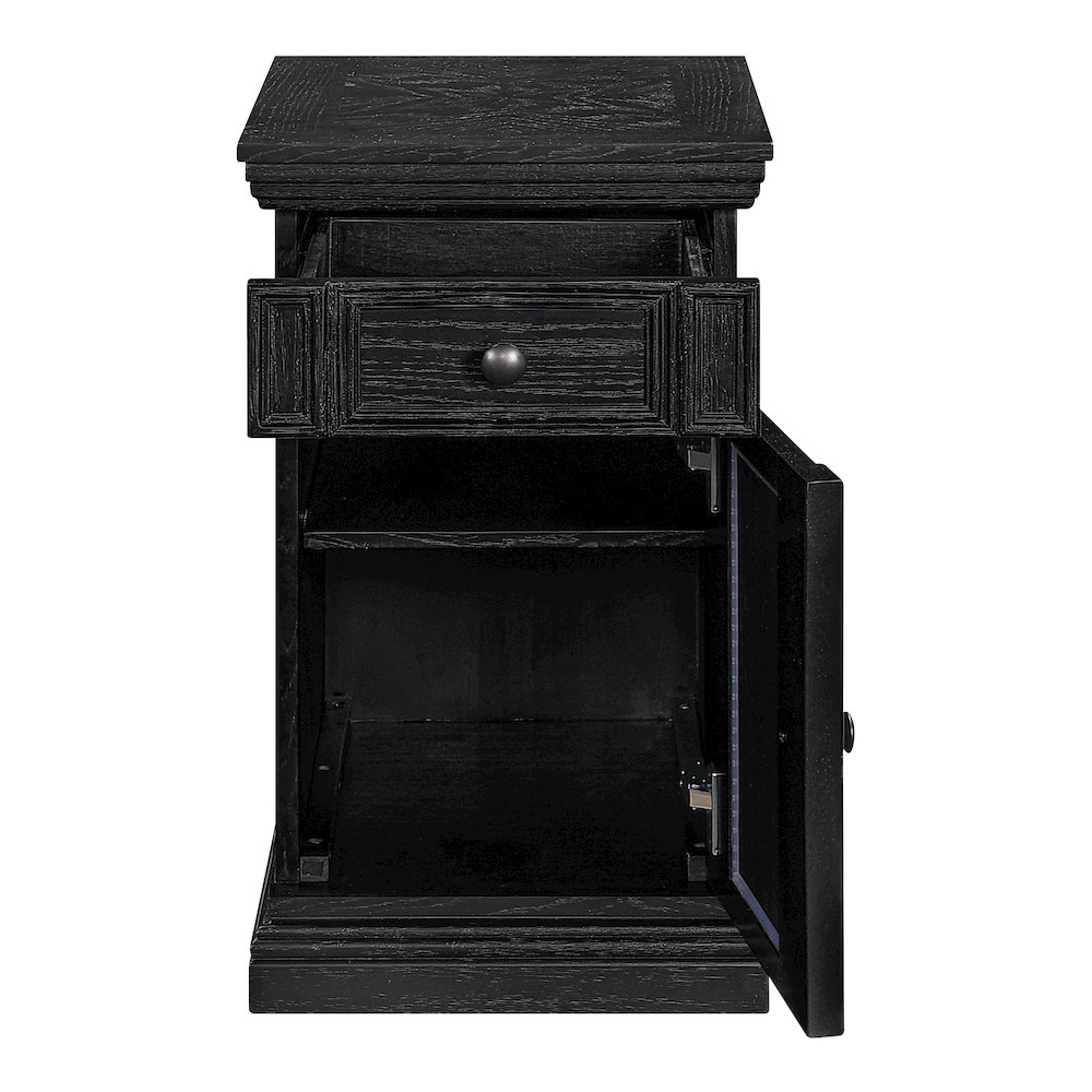 Chair Side Table with 1 Drawer and 1 Glass Door with Power Strip in Black Finish. Picture 7