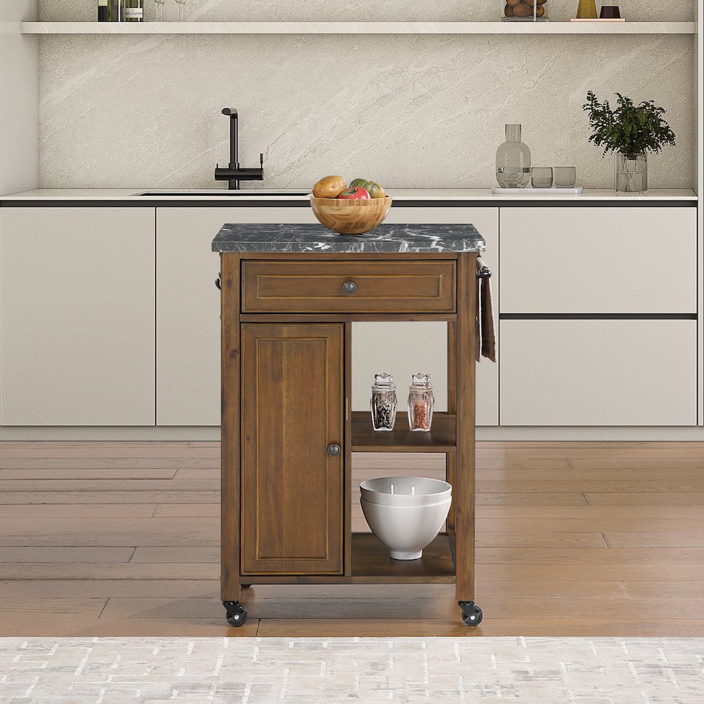 Fairmont Kitchen Cart With Faux Marble Top and Oak Finish Wood. Picture 10