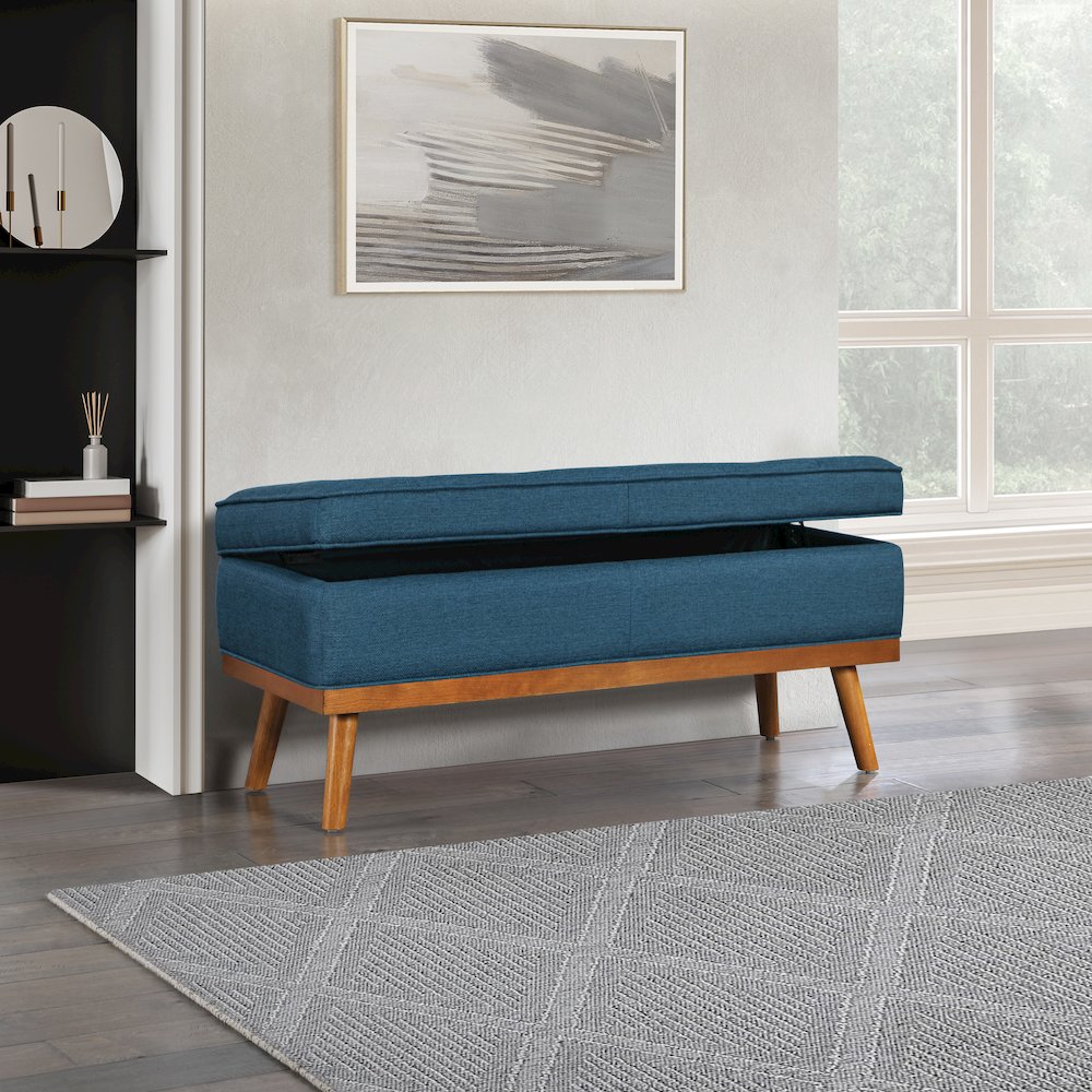 Katheryn Storage Bench in Azure Fabric with Spice Finish Legs. Picture 7