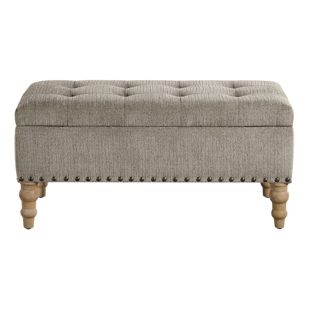 Woodbury Storage Bench In Taupe With Antique Bronze Nail Heads With Brushed Legs. Picture 6