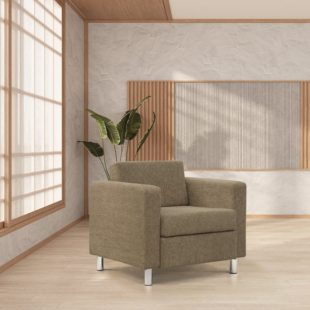 Pacific Armchair in Taupe Fabric with Chrome Legs. Picture 2