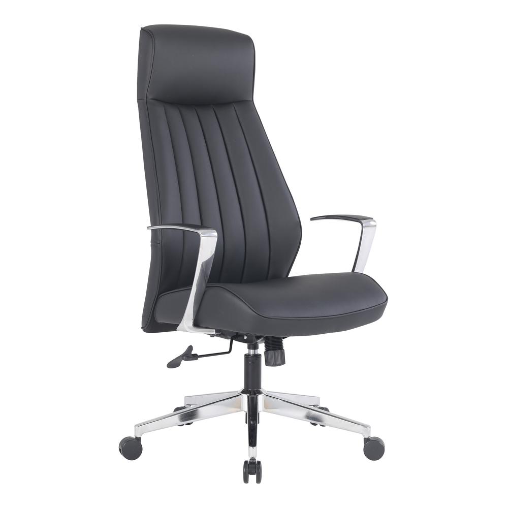 High Back Antimicrobial Fabric Chair with Fixed Padded Aluminum Arms & Chrome Base in Dillon Black. Picture 1