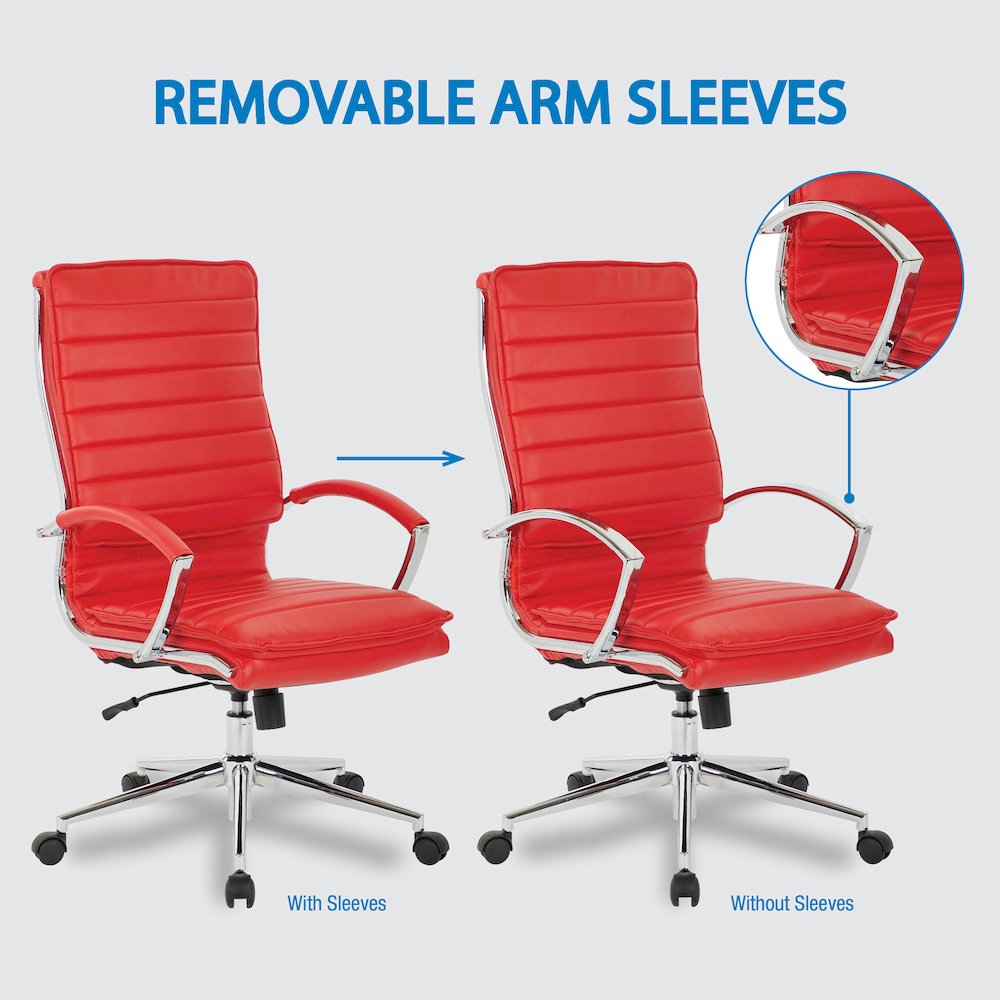 High Back Manager's Faux Leather Chair with Chrome Base, Removable Arm Sleeves. Picture 11